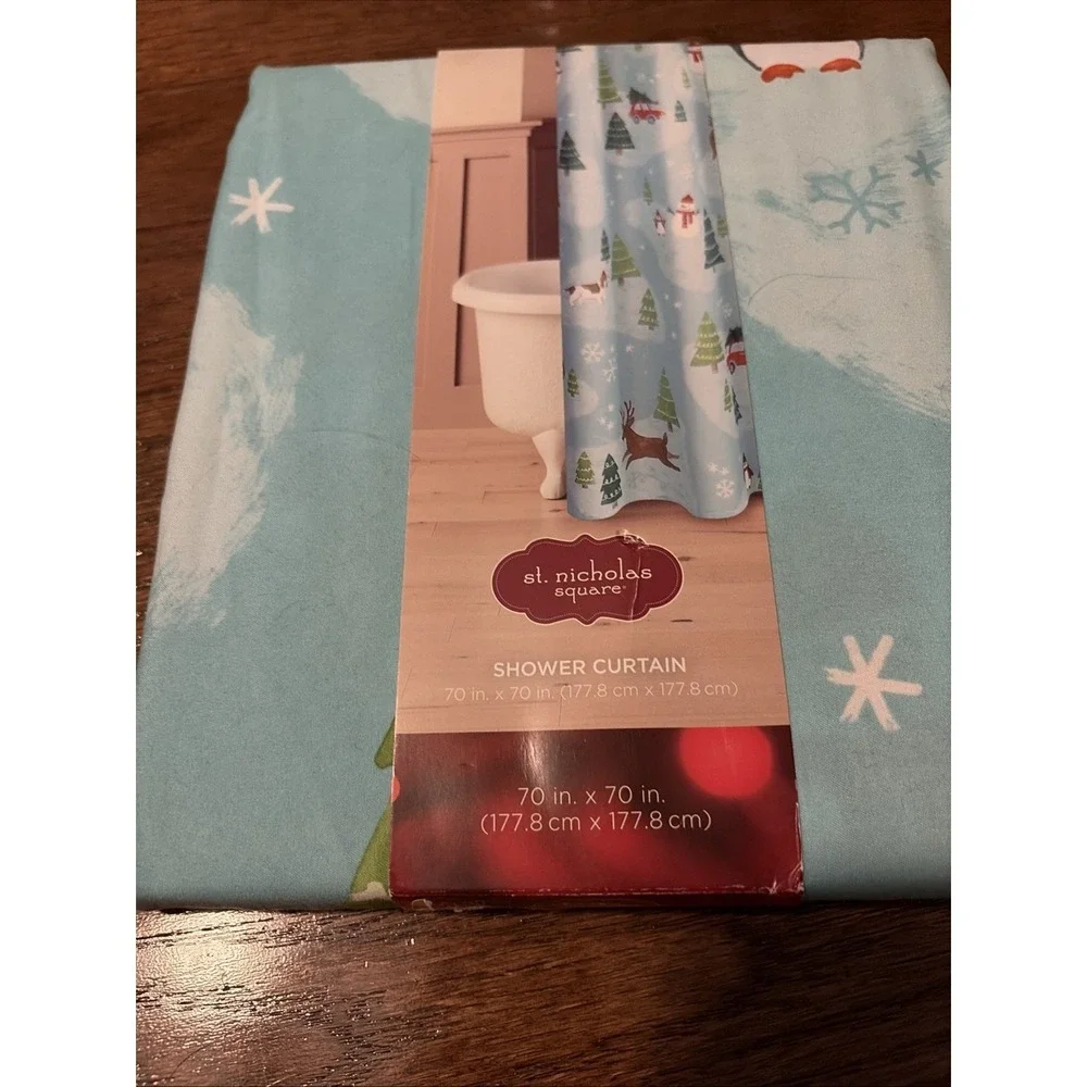 St. Nicholas Square Shower Curtain Winter Scenic Blue Holiday Red Truck NWT